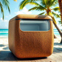 A portable refrigerator designed to mimic the mesocarp of a coconut, displaying a textured surface that resembles the fibrous and rough exterior of a coconut shell