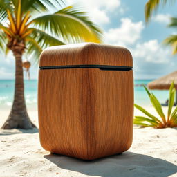 A portable refrigerator designed to mimic the mesocarp of a coconut, displaying a textured surface that resembles the fibrous and rough exterior of a coconut shell