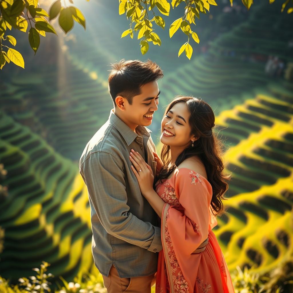 A romantic scene depicting two lovers with a strong emotional bond, set against the backdrop of lush, green rice terraces in Benguet