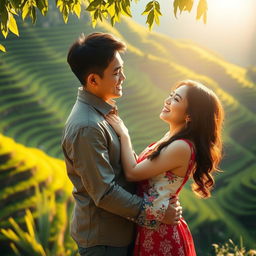 A romantic scene depicting two lovers with a strong emotional bond, set against the backdrop of lush, green rice terraces in Benguet