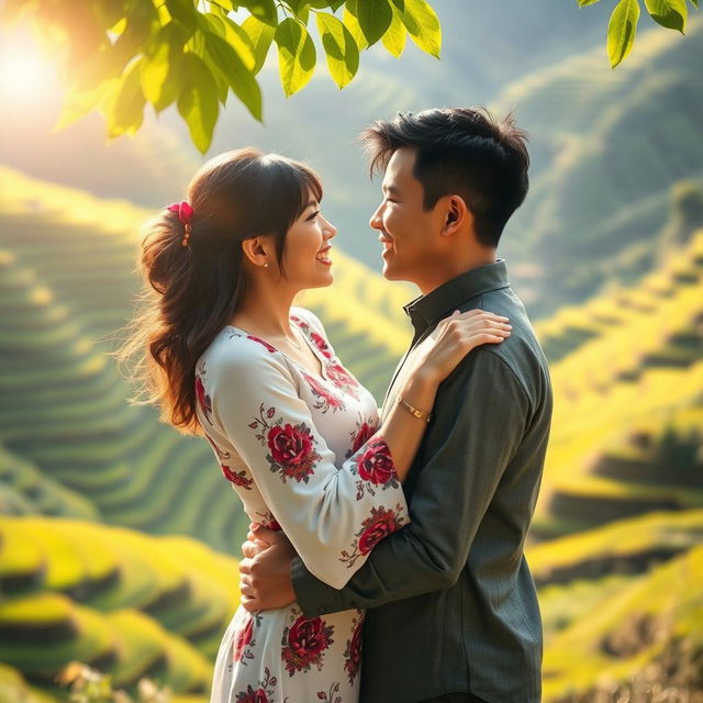 A romantic scene depicting two lovers with a strong emotional bond, set against the backdrop of lush, green rice terraces in Benguet