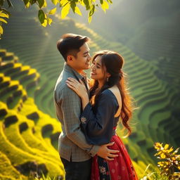A romantic scene depicting two lovers with a strong emotional bond, set against the backdrop of lush, green rice terraces in Benguet