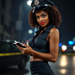 A sexy dark-skinned female police officer with a short police top featuring a large neckline, a fitted mini black skirt, and a stylish police hat