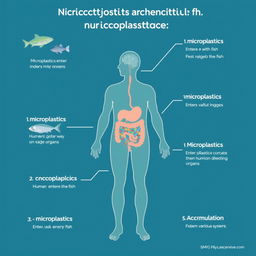 An informative illustration depicting the process of microplastics accumulation in the human body through fish consumption