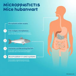An informative illustration depicting the process of microplastics accumulation in the human body through fish consumption