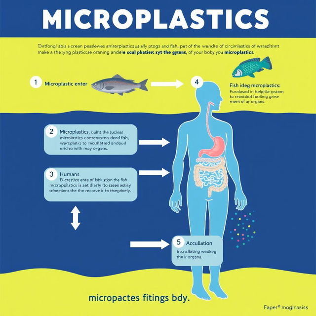 An informative illustration depicting the process of microplastics accumulation in the human body through fish consumption