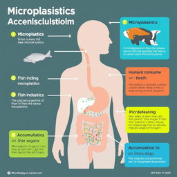 An informative illustration depicting the process of microplastics accumulation in the human body through fish consumption