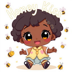 A cute black girl in an adorable pose, surrounded by playful bees, with the words 'Honey Kiss' written above her in a whimsical, anime-style font