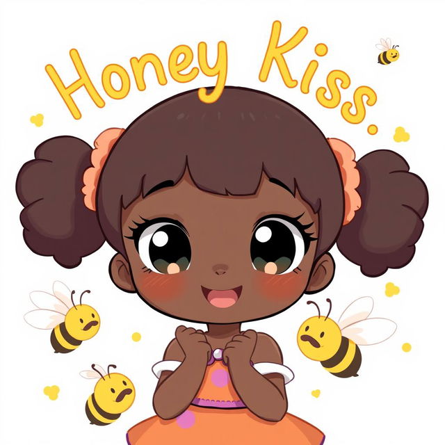 A cute black girl in an adorable pose, surrounded by playful bees, with the words 'Honey Kiss' written above her in a whimsical, anime-style font