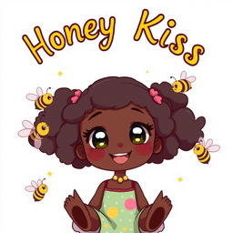 A cute black girl in an adorable pose, surrounded by playful bees, with the words 'Honey Kiss' written above her in a whimsical, anime-style font