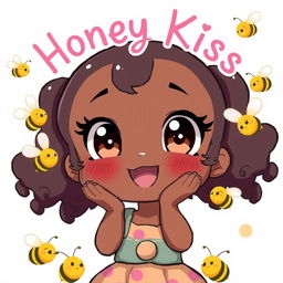 A cute black girl in an adorable pose, surrounded by playful bees, with the words 'Honey Kiss' written above her in a whimsical, anime-style font