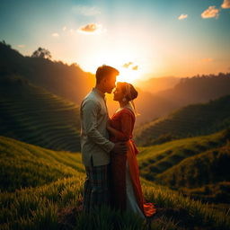 A romantic scene featuring two lovers standing amidst the lush, vibrant rice terraces of Benguet, Philippines