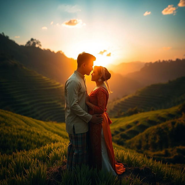 A romantic scene featuring two lovers standing amidst the lush, vibrant rice terraces of Benguet, Philippines