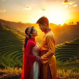 A romantic scene featuring two lovers standing amidst the lush, vibrant rice terraces of Benguet, Philippines