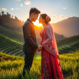 A romantic scene featuring two lovers standing amidst the lush, vibrant rice terraces of Benguet, Philippines