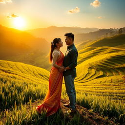 A romantic scene featuring two lovers standing amidst the lush, vibrant rice terraces of Benguet, Philippines