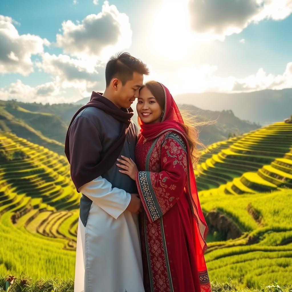 A romantic scene depicting two lovers from different backgrounds, standing together with warm expressions, surrounded by lush rice terraces of Benguet