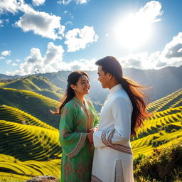 A romantic scene depicting two lovers from different backgrounds, standing together with warm expressions, surrounded by lush rice terraces of Benguet