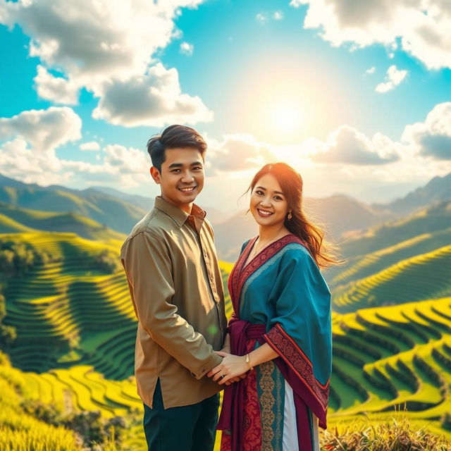 A romantic scene depicting two lovers from different backgrounds, standing together with warm expressions, surrounded by lush rice terraces of Benguet