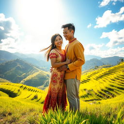 A romantic scene depicting two lovers from different backgrounds, standing together with warm expressions, surrounded by lush rice terraces of Benguet