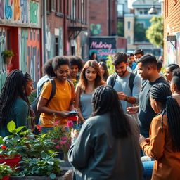 A vibrant scene depicting university students engaging positively with members of a marginalized urban community