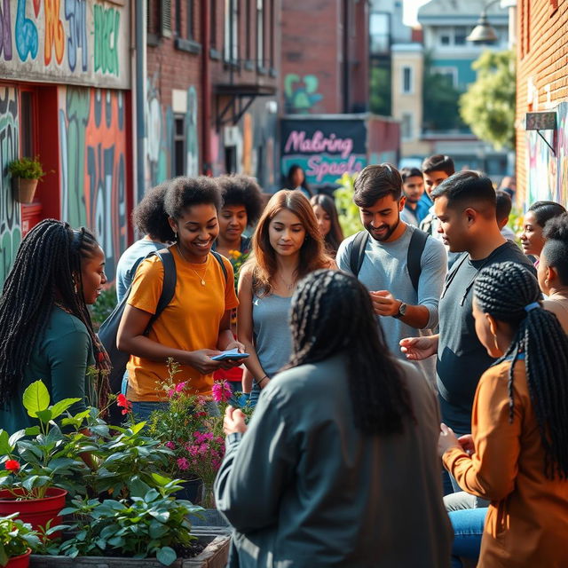 A vibrant scene depicting university students engaging positively with members of a marginalized urban community