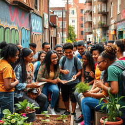 A vibrant scene depicting university students engaging positively with members of a marginalized urban community
