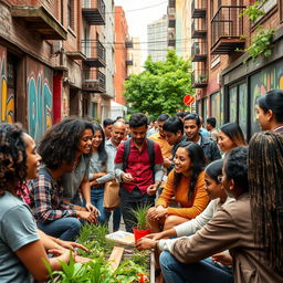 A vibrant scene depicting university students engaging positively with members of a marginalized urban community