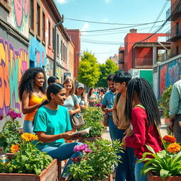 A vibrant scene depicting university students engaging positively with members of a marginalized urban community