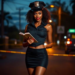 A sexy dark-skinned female police officer wearing a short police top that features a large neckline, a fitted mini black skirt, high heels, and a stylish police hat