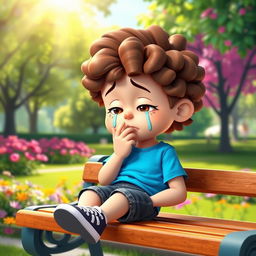 A 3D cartoon illustration of a young boy with brown curly hair, sitting on a park bench with tears streaming down his cheeks