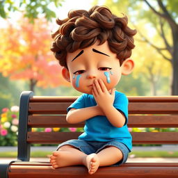 A 3D cartoon illustration of a young boy with brown curly hair, sitting on a park bench with tears streaming down his cheeks