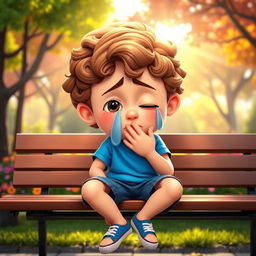 A 3D cartoon illustration of a young boy with brown curly hair, sitting on a park bench with tears streaming down his cheeks