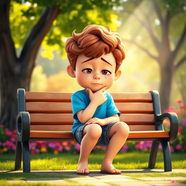 A 3D cartoon illustration of a young boy with brown curly hair, sitting on a park bench with tears streaming down his cheeks