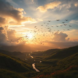 A majestic scene capturing the essence of freedom, showcasing a breathtaking landscape with an expansive sky filled with soft, billowing clouds