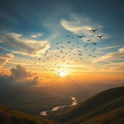 A majestic scene capturing the essence of freedom, showcasing a breathtaking landscape with an expansive sky filled with soft, billowing clouds