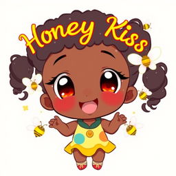 A cute black girl in an adorable pose, exuding joy and charm, with the words 'Honey Kiss' elegantly written above her in a delightful anime-style font