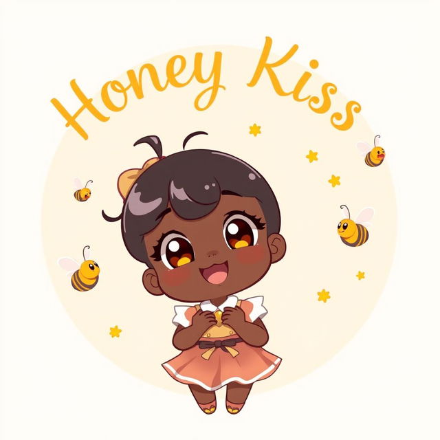 A cute black girl in an adorable pose, exuding joy and charm, with the words 'Honey Kiss' elegantly written above her in a delightful anime-style font