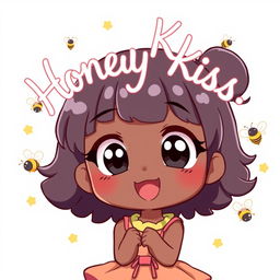 A cute black girl in an adorable pose, exuding joy and charm, with the words 'Honey Kiss' elegantly written above her in a delightful anime-style font
