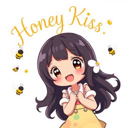 A cute black girl in an adorable pose, exuding joy and charm, with the words 'Honey Kiss' elegantly written above her in a delightful anime-style font