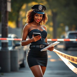 A sexy dark-skinned female police officer wearing a short police top with a big neckline, a fitted mini black skirt, high heels, and a classic police hat
