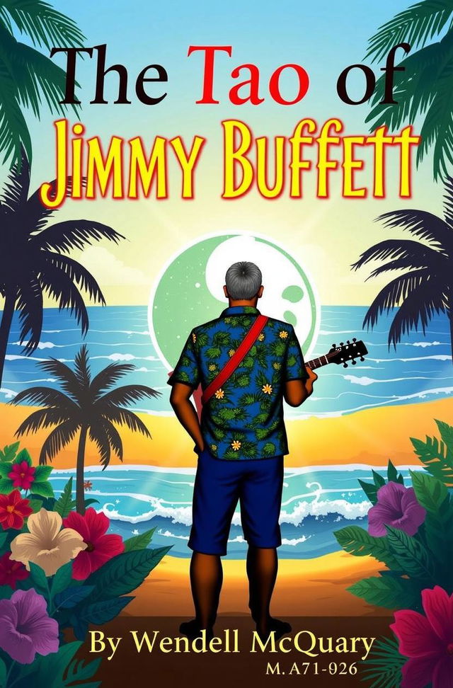 A tropical beach scene featuring a man wearing a colorful floral shirt and shorts, standing on a sandy shore with palm trees swaying in the wind