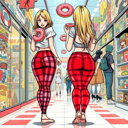 A comic book style illustration depicting a sexy, beautiful, innocent girl viewed from the rear