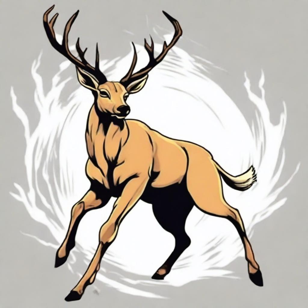 An image of a full-bodied, imposing deer leaping in mid-air, illustrated in a high-quality, colored manga style