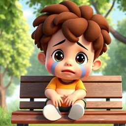 A 3D cartoon scene depicting a young boy with brown curly hair and a chubby physique, sitting on a park bench and crying
