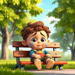 A 3D cartoon scene depicting a young boy with brown curly hair and a chubby physique, sitting on a park bench and crying
