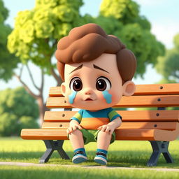 A 3D cartoon scene depicting a young boy with brown curly hair and a chubby physique, sitting on a park bench and crying