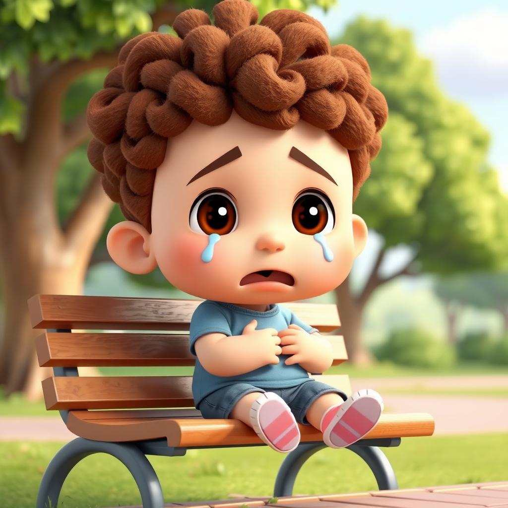 A 3D cartoon scene depicting a young boy with brown curly hair and a chubby physique, sitting on a park bench and crying