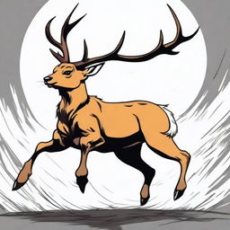 An image of a full-bodied, imposing deer leaping in mid-air, illustrated in a high-quality, colored manga style