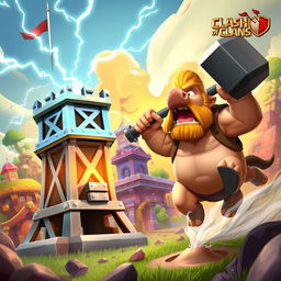 An epic battle scene between a Tesla tower and a Hog Rider from the mobile game Clash of Clans
